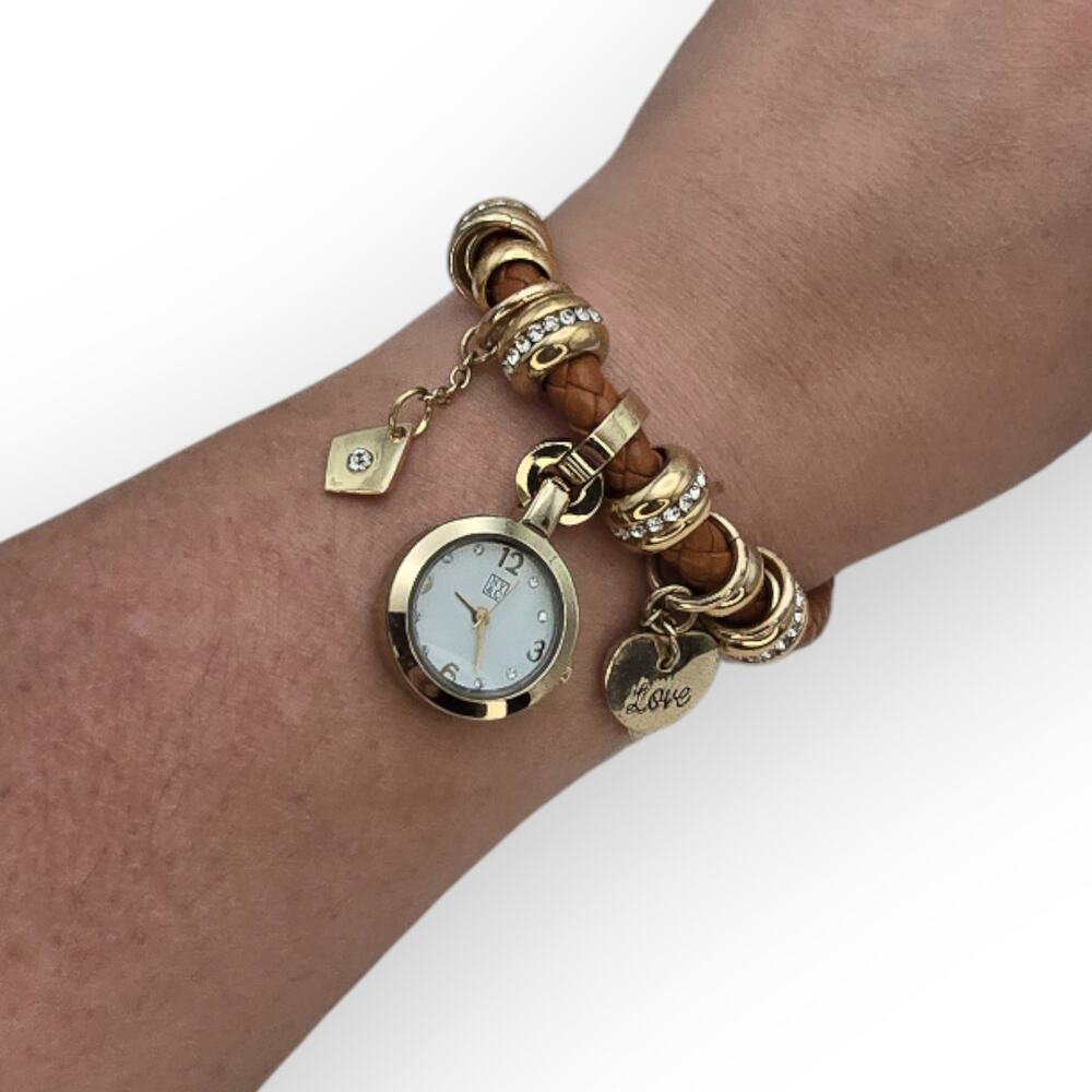 Charm Bracelet Watch Brown Braided Leather Gold Rhinestone Accent - Boho Chic
